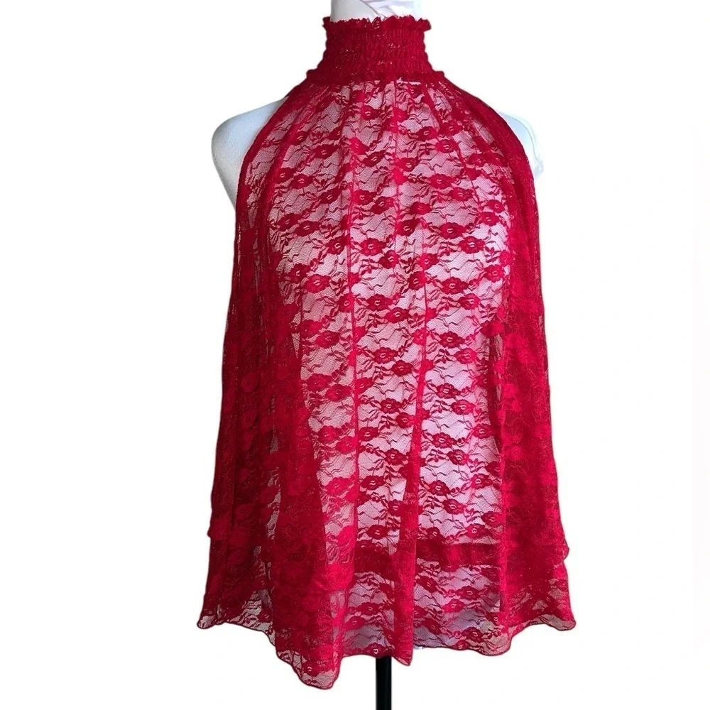 Free People Myrna Red Lace High Neck Swing Top NWT Size XS